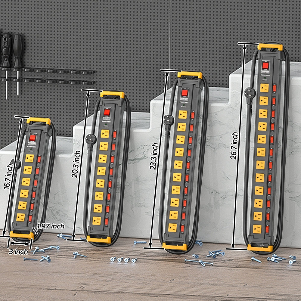 GREENBOX Mountable Heavy Duty Metal Power Strip, Multi-Outlet (6-12), Recessed Individual Switches, 3300J Surge Protector,Integrated Cable/Card Holder, 6FT Flat Plug Cord, ETL Listed