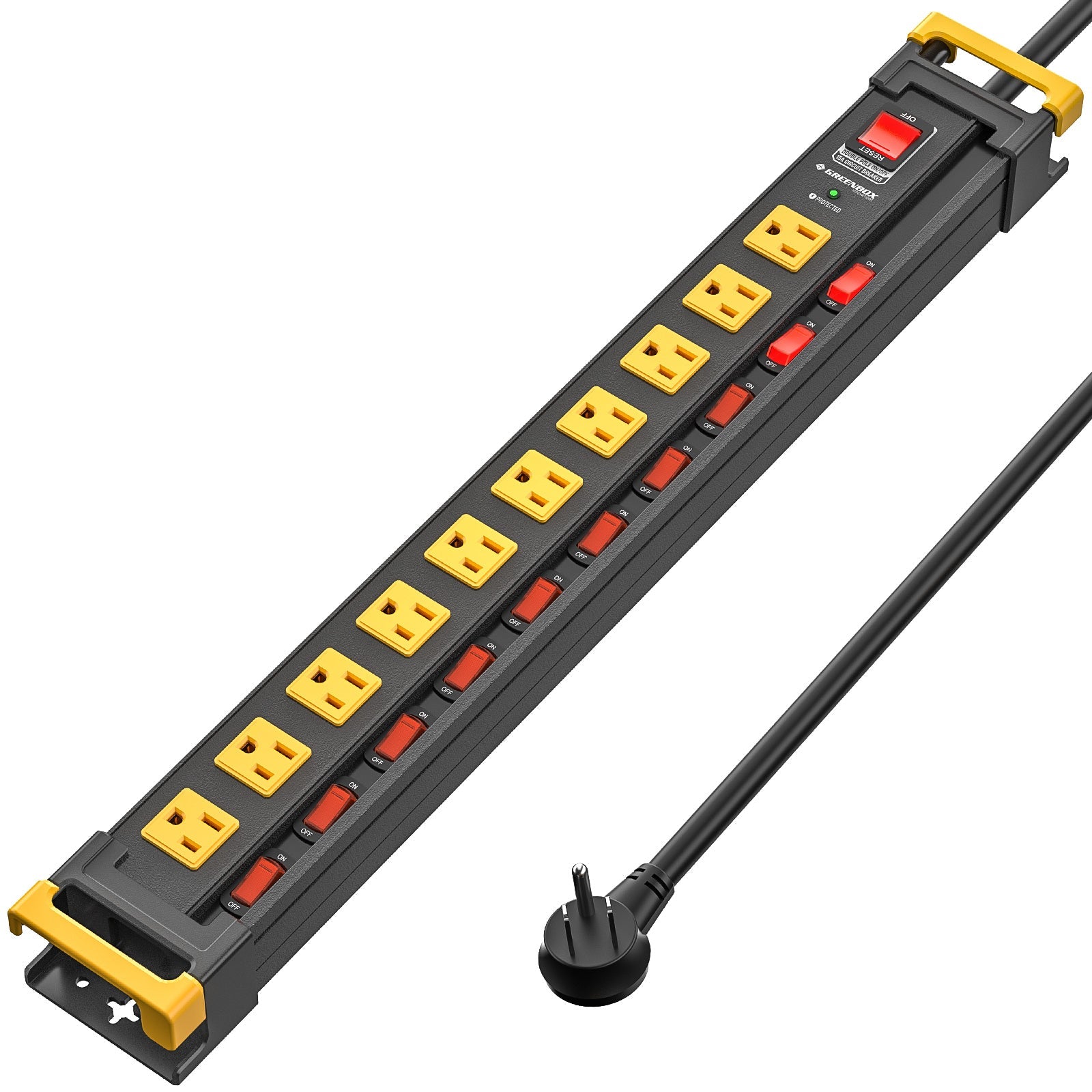 GREENBOX Mountable Heavy Duty Metal Power Strip, Multi-Outlet (6-12), Recessed Individual Switches, 3300J Surge Protector,Integrated Cable/Card Holder, 6FT Flat Plug Cord, ETL Listed