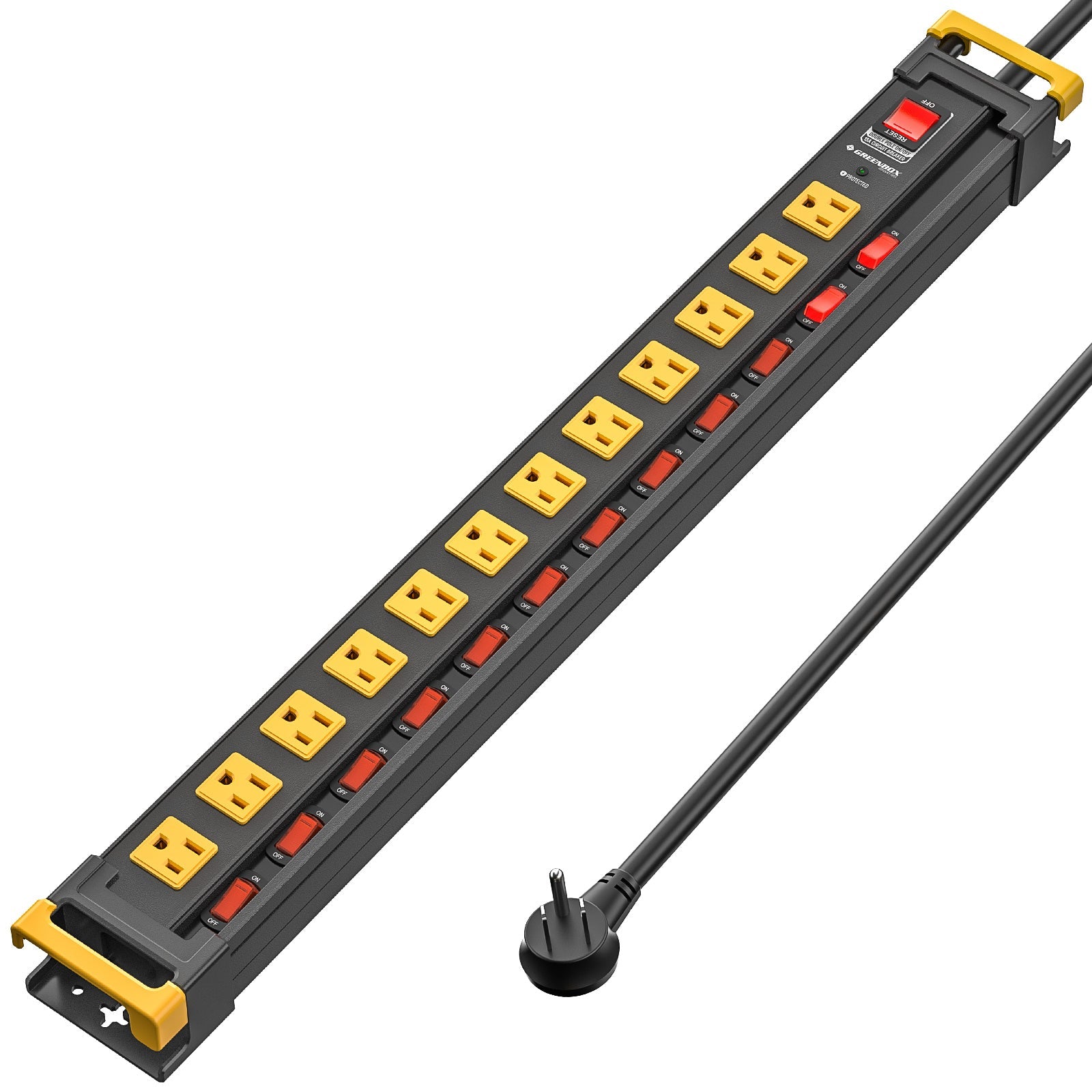 GREENBOX Mountable Heavy Duty Metal Power Strip, Multi-Outlet (6-12), Recessed Individual Switches, 3300J Surge Protector,Integrated Cable/Card Holder, 6FT Flat Plug Cord, ETL Listed