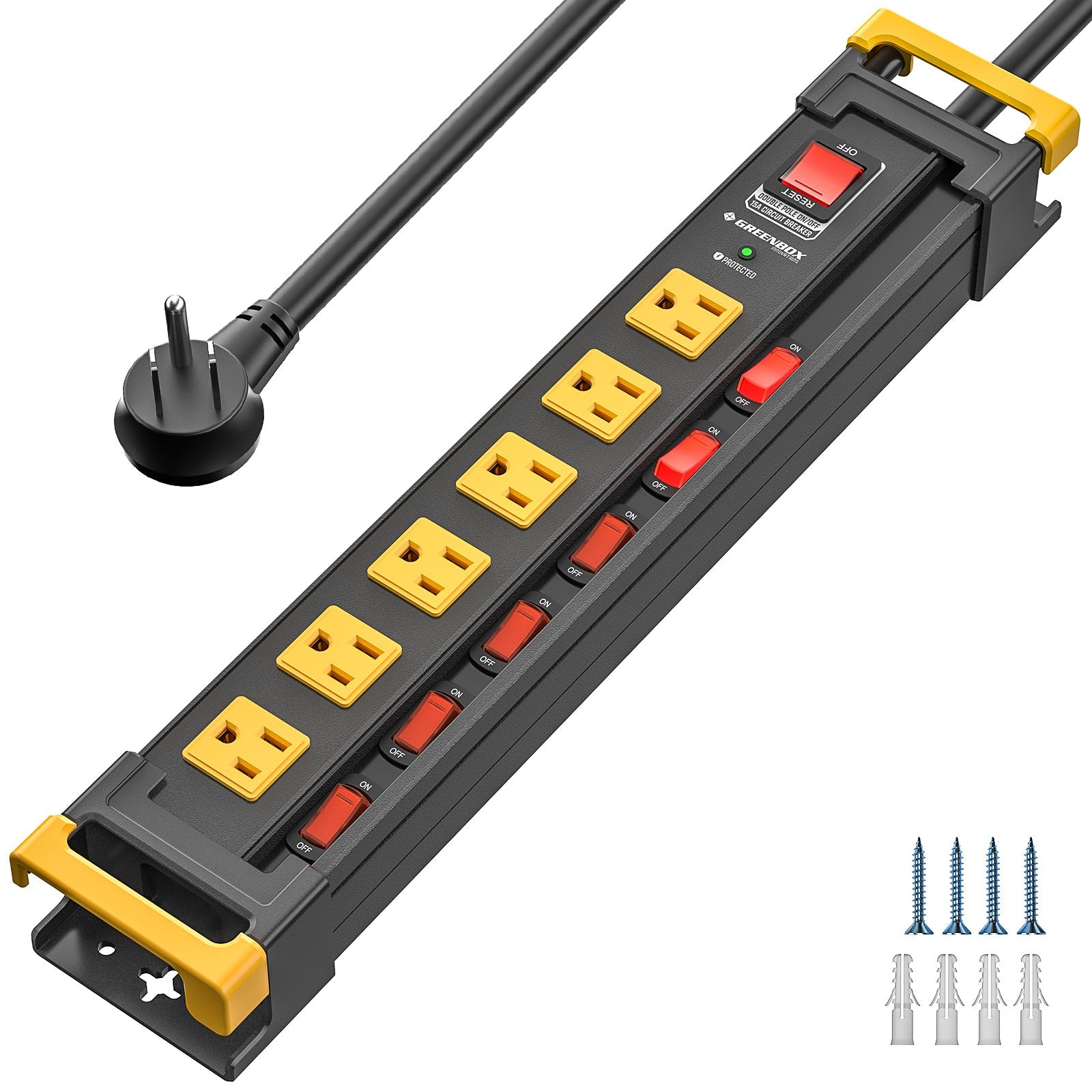 GREENBOX Mountable Heavy Duty Metal Power Strip, Multi-Outlet (6-12), Recessed Individual Switches, 3300J Surge Protector,Integrated Cable/Card Holder, 6FT Flat Plug Cord, ETL Listed