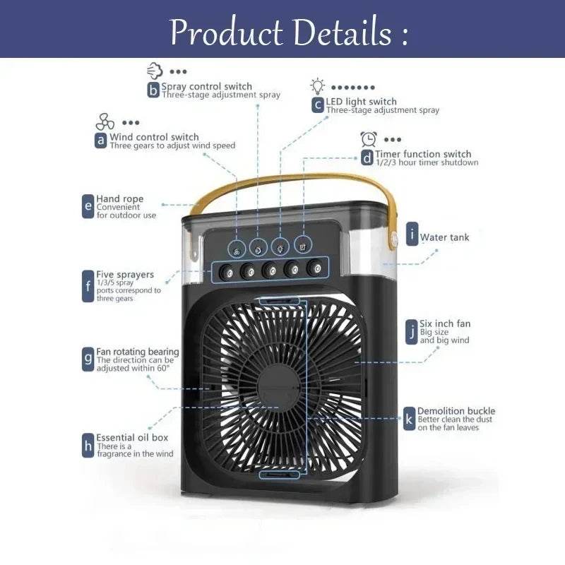 3-in-1 Portable Air Cooler Fan with Humidifier and LED Light